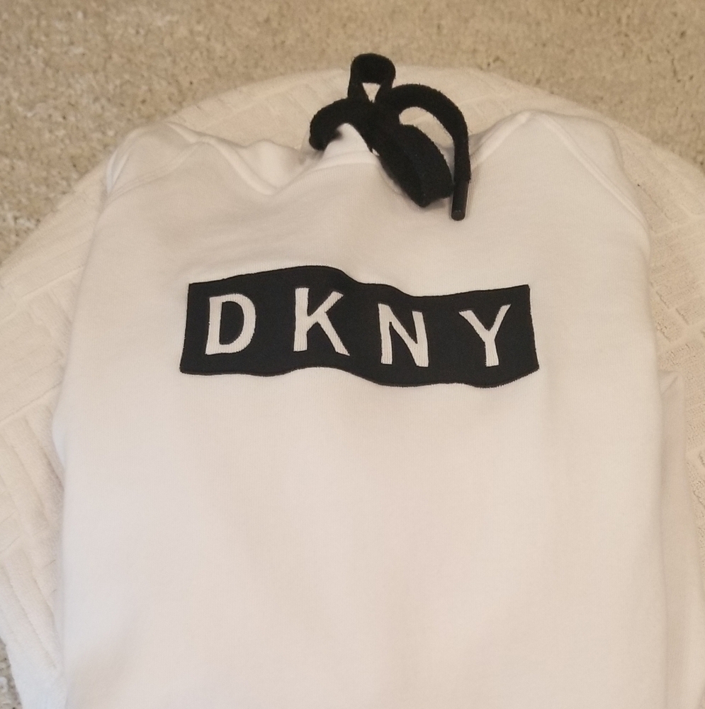 DKNY White and Black Hoodie. Long Sweatshirt Or Short Dress. - Picture 3 of 4
